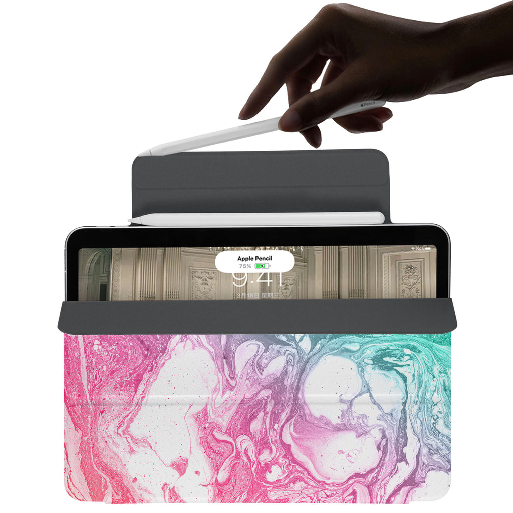 the VistaCase Personalized iPad Slim Fit Case with Abstract Oil Painting design,  The case includes built-in storage and a cutout for easy magnetic attachment of your Pencil, ensuring it's always within reach.