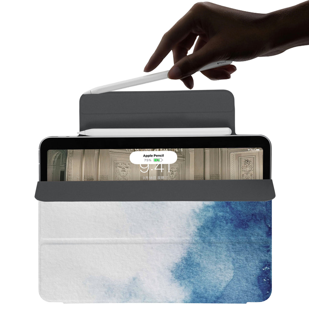 the VistaCase Personalized iPad Slim Fit Case with Abstract Ink Painting design,  The case includes built-in storage and a cutout for easy magnetic attachment of your Pencil, ensuring it's always within reach.