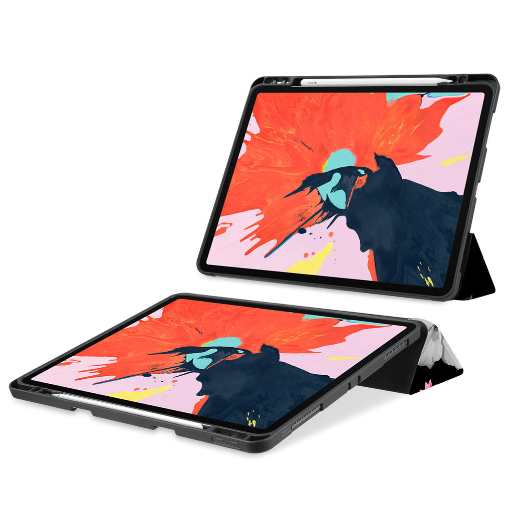 movie and keyboard stand view of personalized iPad case with pencil holder and Black Flower design - swap