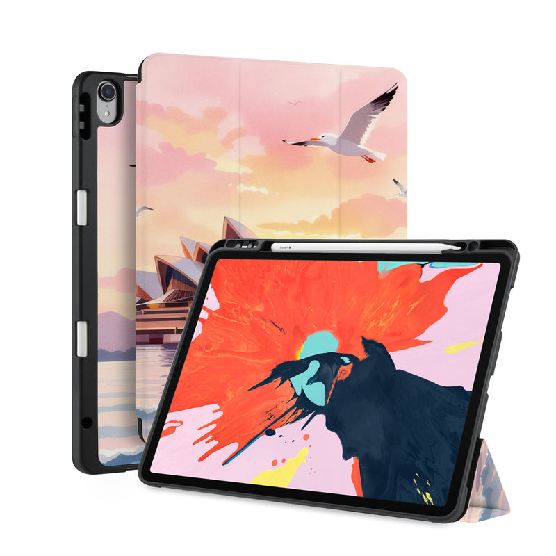 front back and stand view of personalized iPad case with pencil holder and Australia Oil Painting design - swap