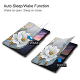 It automatically wakes your iPad when opened and sends it to sleep when closed with Flower Art design