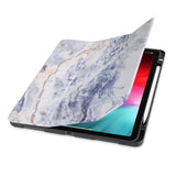 front view of personalized iPad case with pencil holder and Marble design