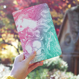 a girl holding personalized RFID blocking passport travel wallet with Abstract Oil Painting design